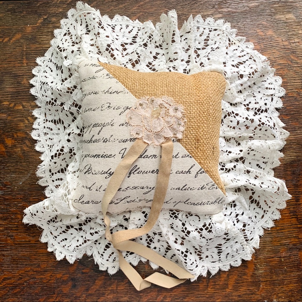 HANDMADE Ring Pillow Burlap and Antique Lace